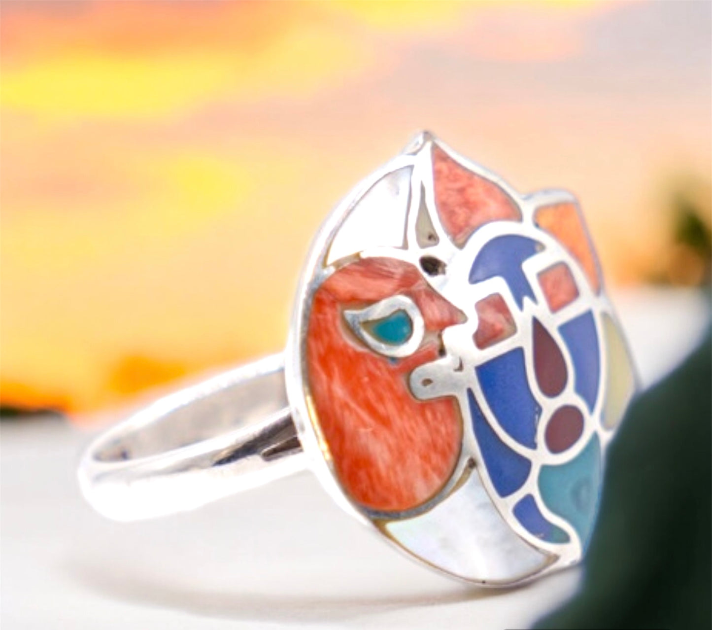 Gemstones Inlay Ring - Sun & Moon