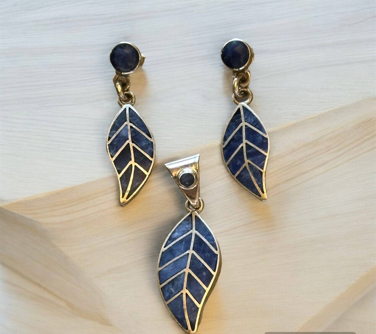 Earrings & Pendant Set - Lapis Lazuli Leaf