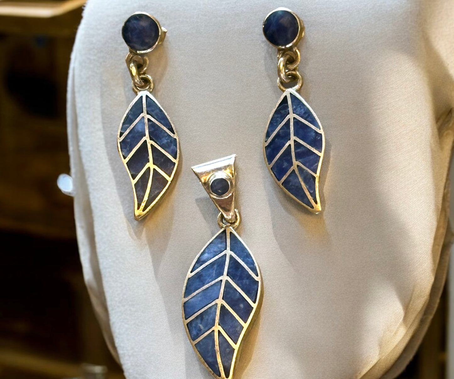 Earrings & Pendant Set - Lapis Lazuli Leaf