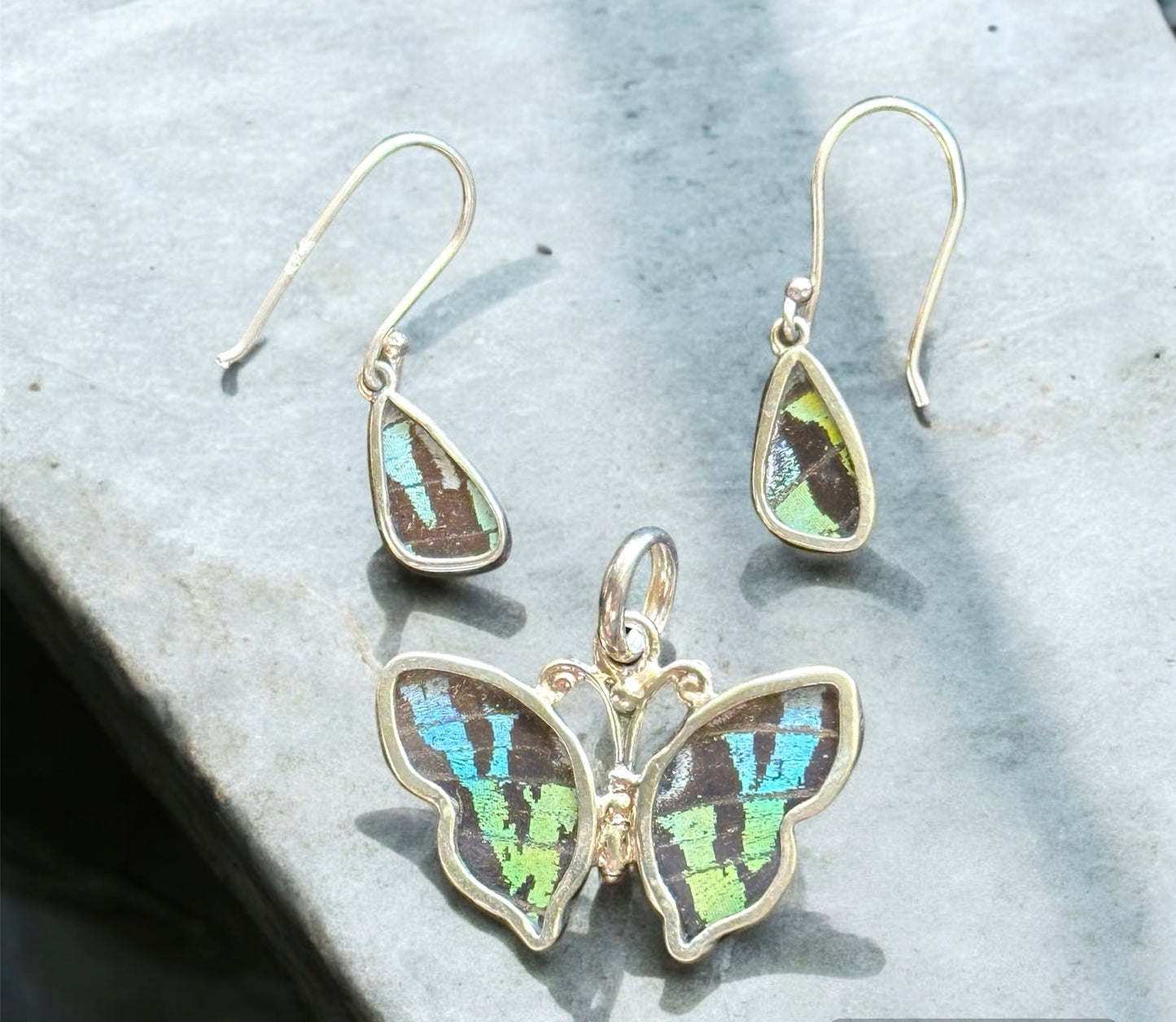 Earrings & Pendant Set - Real Butterfly Wings